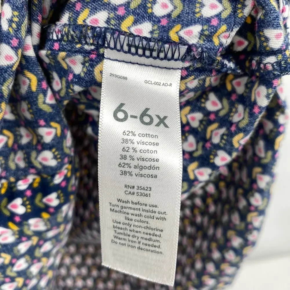Carters Girls Heart Print Button Front Long Sleeve Shirt Blue Size 6-6X